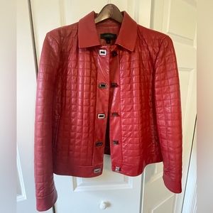 Red leather jacket with quilting detail
